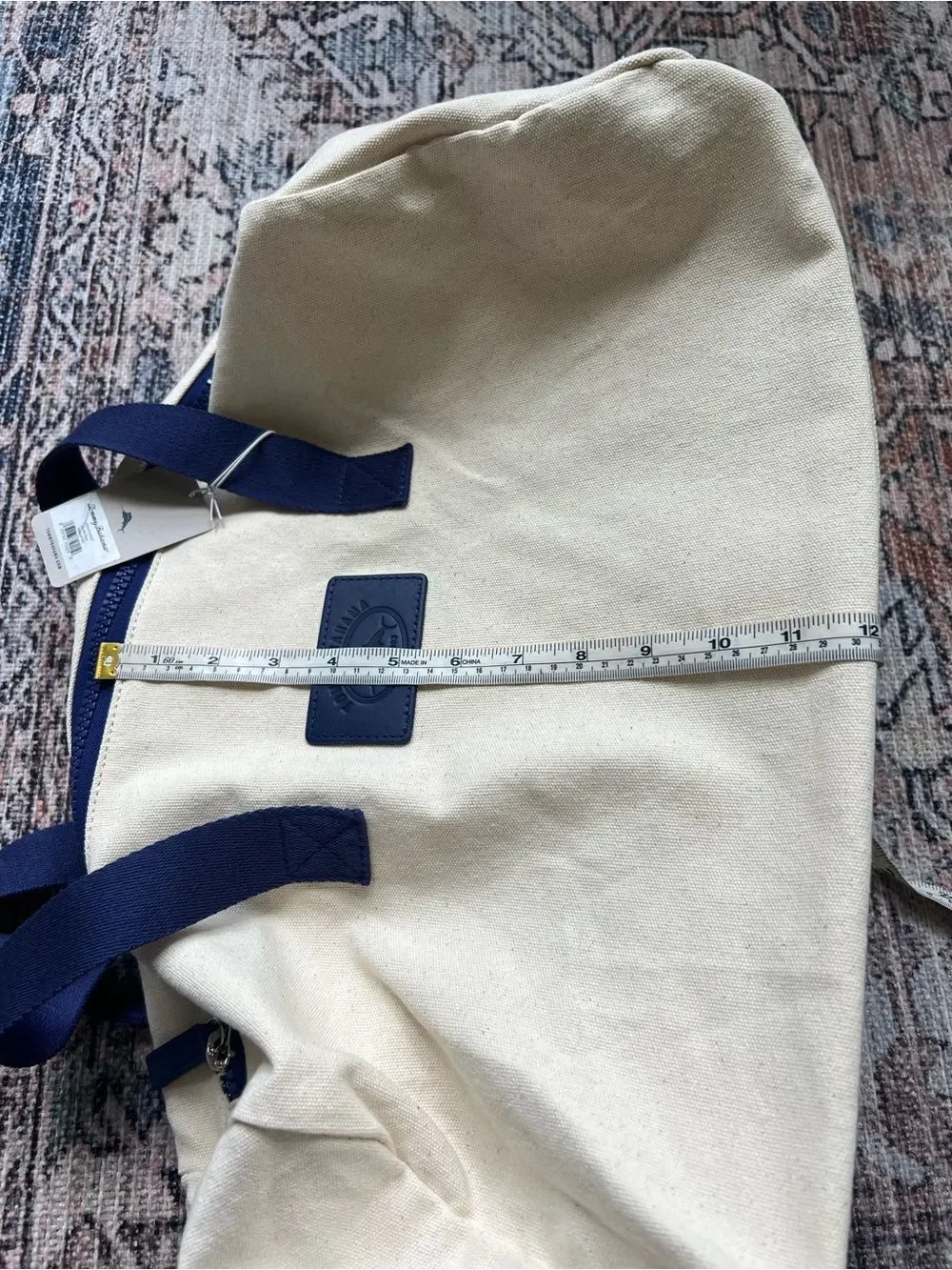 Tommy Bahama NWT Natural Cream Canvas Duffel with Navy Straps